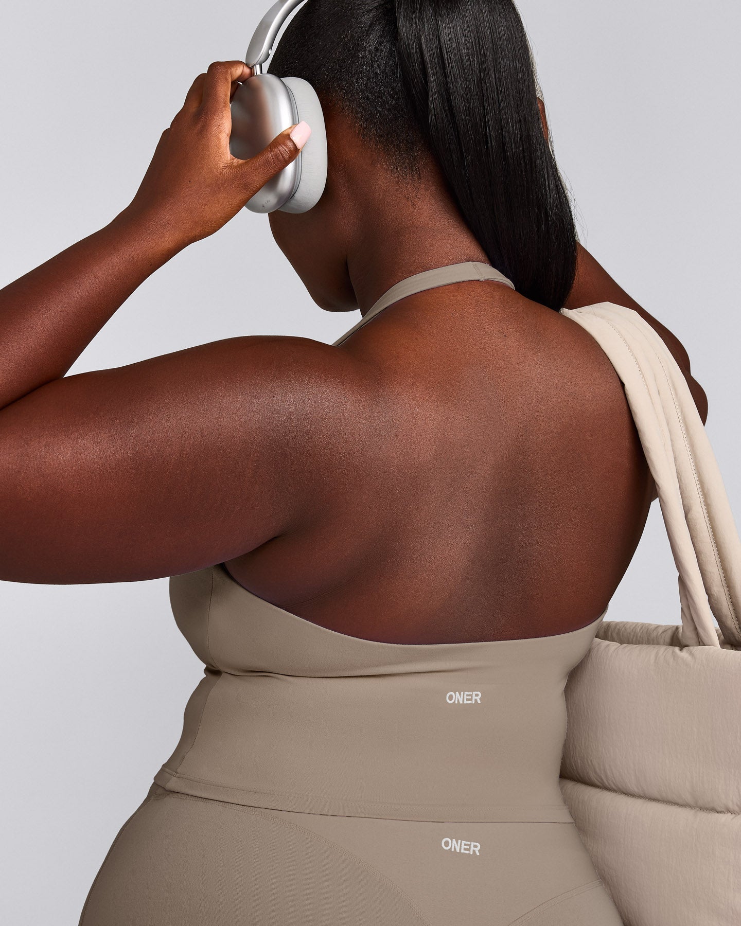 SoftMotion™ Halter Neck Mid Tank Top with Built in Bra Shelf with Gray Logo | Minky