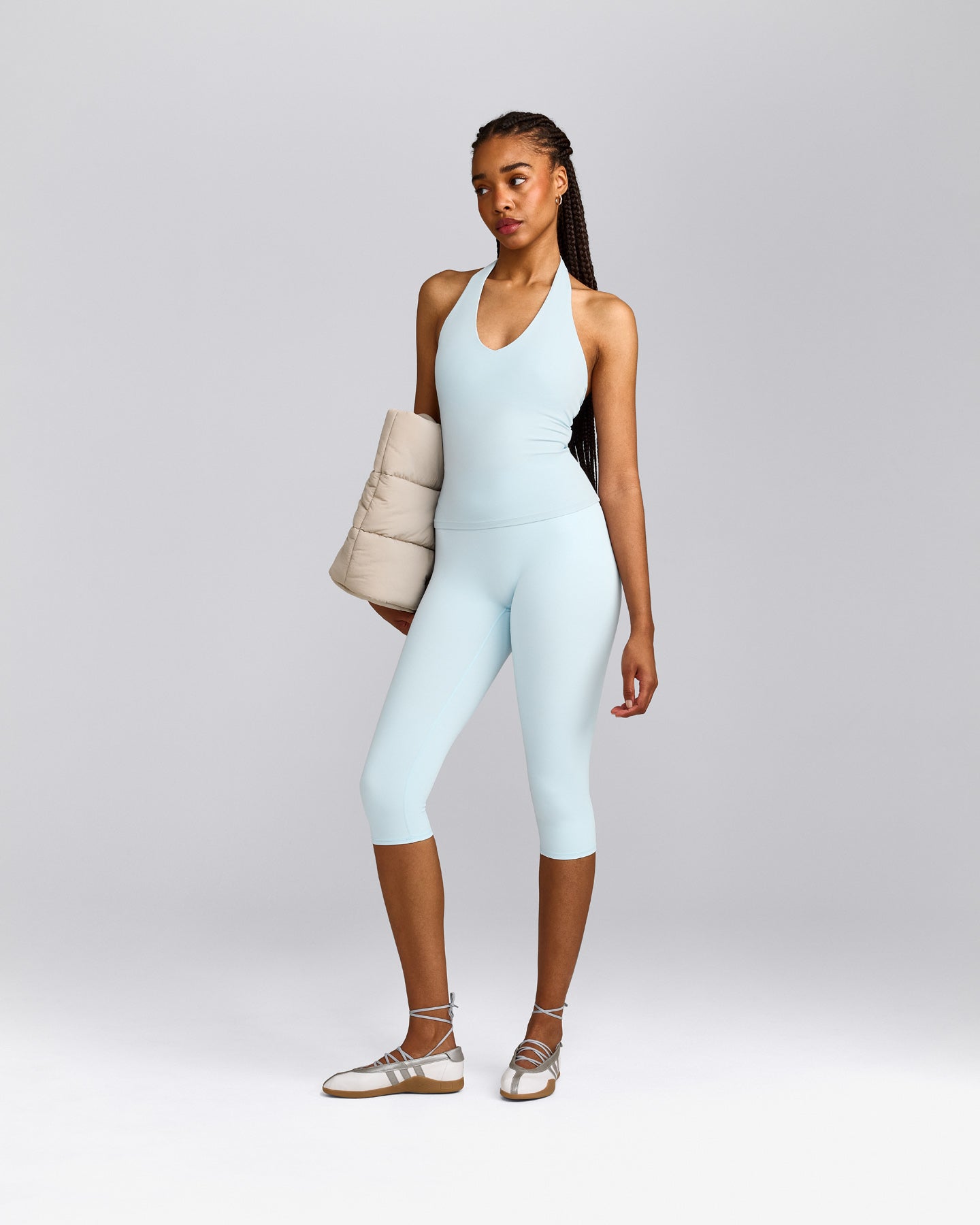 SoftMotion™ Halter Neck Tank Top with Built in Bra Shelf with Gray Logo | Cloud Blue