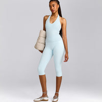 SoftMotion™ Halter Neck Tank Top with Built in Bra Shelf with Gray Logo | Cloud Blue