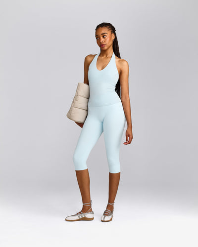 SoftMotion™ Halter Neck Tank Top with Built in Bra Shelf with Gray Logo | Cloud Blue