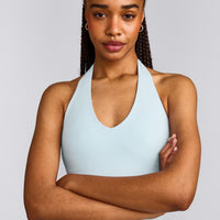 SoftMotion™ Halter Neck Tank Top with Built in Bra Shelf with Gray Logo | Cloud Blue