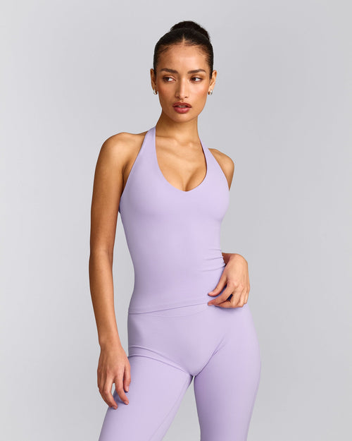 SoftMotion™ Halter Neck Tank Top with Built in Bra Shelf with Gray Logo | Lavender Purple