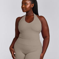 SoftMotion™ Halter Neck Tank Top with Built in Bra Shelf with Gray Logo | Minky