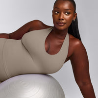 SoftMotion™ Halter Neck Tank Top with Built in Bra Shelf with Gray Logo | Minky