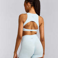 SoftMotion™ High Neck Sports Bra with Grey Logo |  Cloud Blue