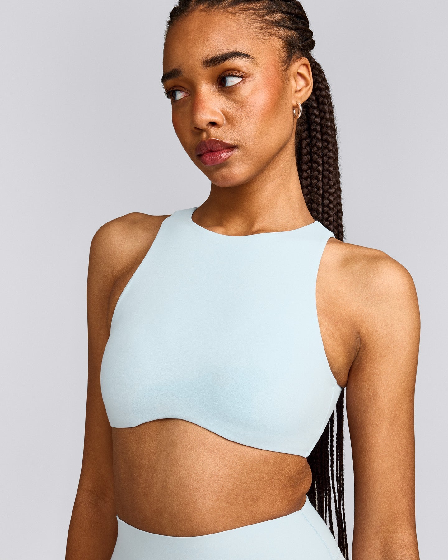 SoftMotion™ High Neck Sports Bra with Grey Logo |  Cloud Blue