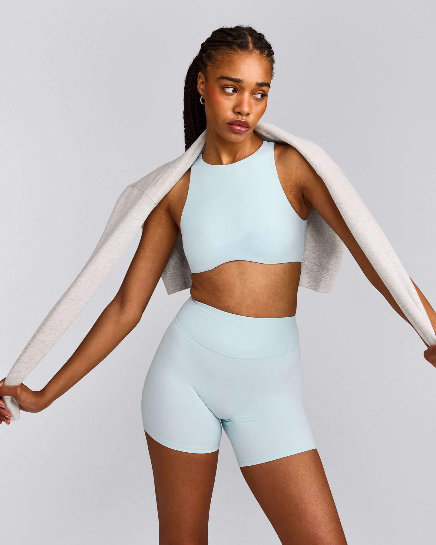 SoftMotion™ High Neck Sports Bra with Grey Logo |  Cloud Blue