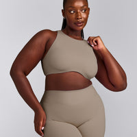 SoftMotion™ High Neck Sports Bra with Gray Logo | Minky