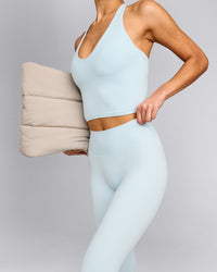SoftMotion™ High Waisted Capri Leggings with Gray Logo | Cloud Blue