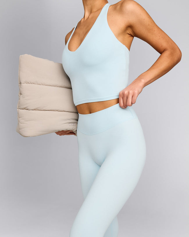 SoftMotion™ High Waisted Capri Leggings with Gray Logo | Cloud Blue