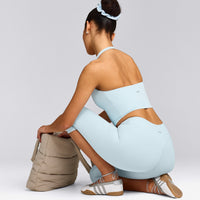SoftMotion™ High Waisted Capri Leggings with Gray Logo | Cloud Blue