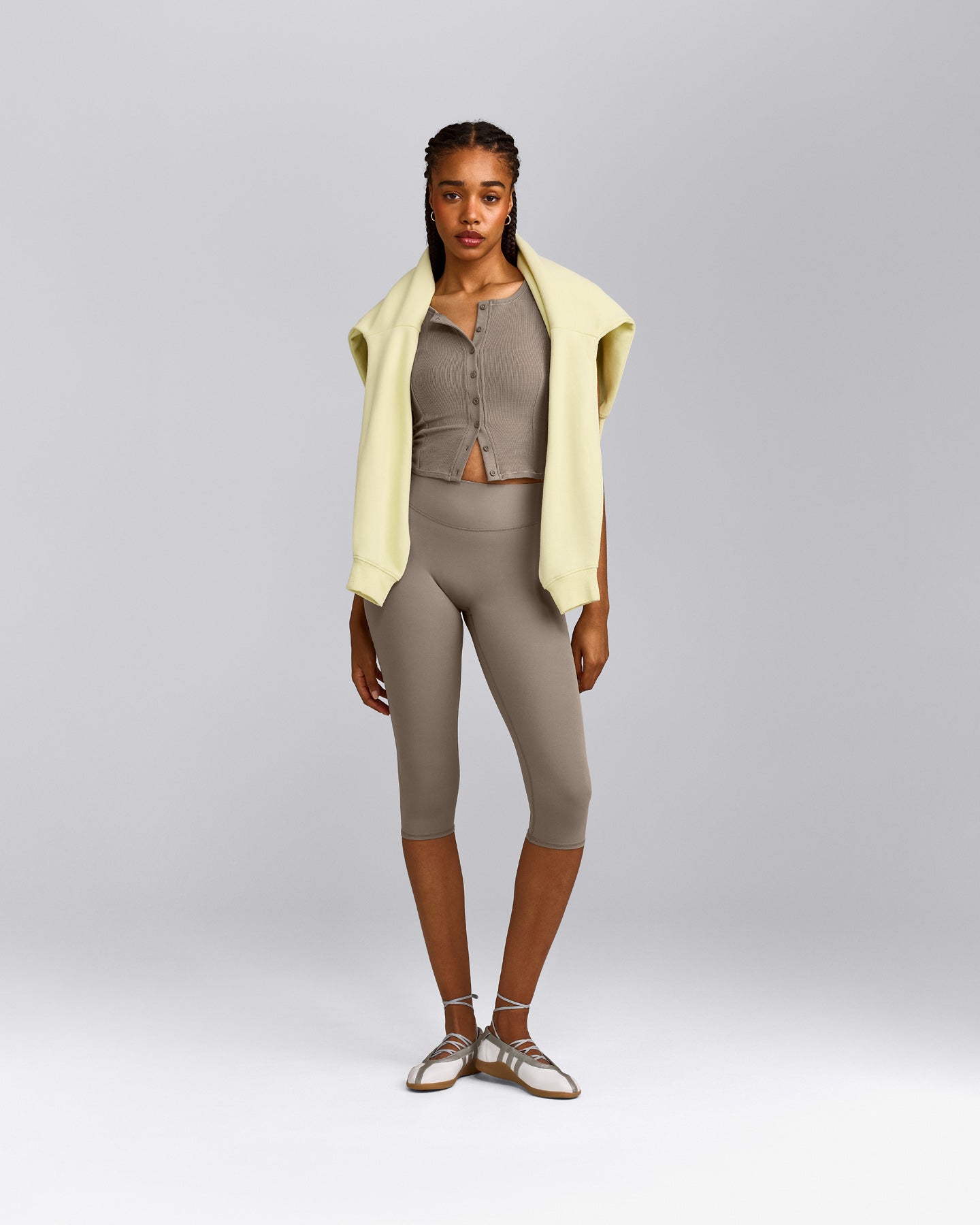 SoftMotion™ High Waisted Capri Leggings with Gray Logo | Minky