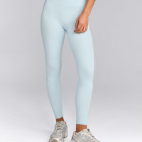 SoftMotion™ High Waisted Leggings with Gray Logo | Cloud Blue