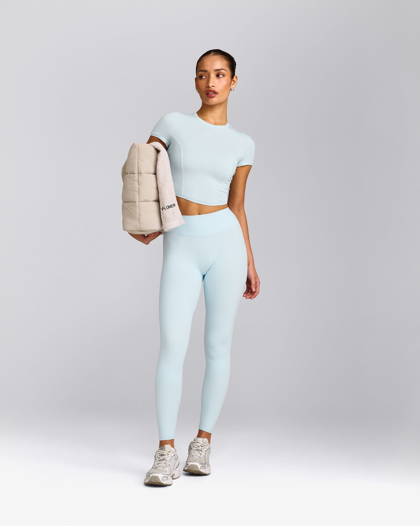 SoftMotion™ High Waisted Leggings with Gray Logo | Cloud Blue