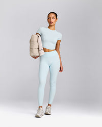 SoftMotion™ High Waisted Leggings with Gray Logo | Cloud Blue