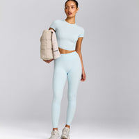 SoftMotion™ High Waisted Leggings with Gray Logo | Cloud Blue