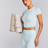 SoftMotion™ High Waisted Leggings with Gray Logo | Cloud Blue