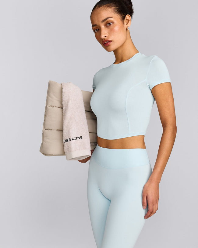 SoftMotion™ High Waisted Leggings with Gray Logo | Cloud Blue
