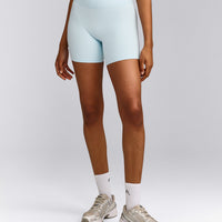 SoftMotion™ High Waisted Shorts 6" with Gray Logo | Cloud Blue
