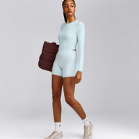 SoftMotion™ High Waisted Shorts 6" with Gray Logo | Cloud Blue