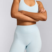 SoftMotion™ High Waisted Shorts 6" with Gray Logo | Cloud Blue