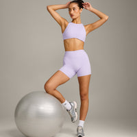 SoftMotion™ High Waisted Shorts 6" with Grey Logo | Lavender Purple