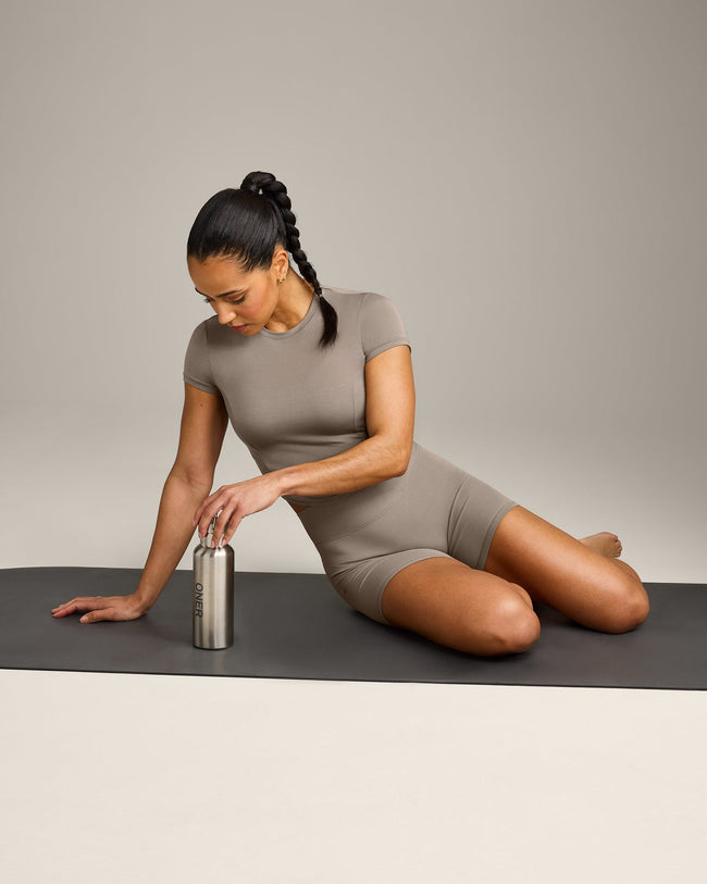 SoftMotion™ High Waisted Shorts 6" with Grey Logo | Minky