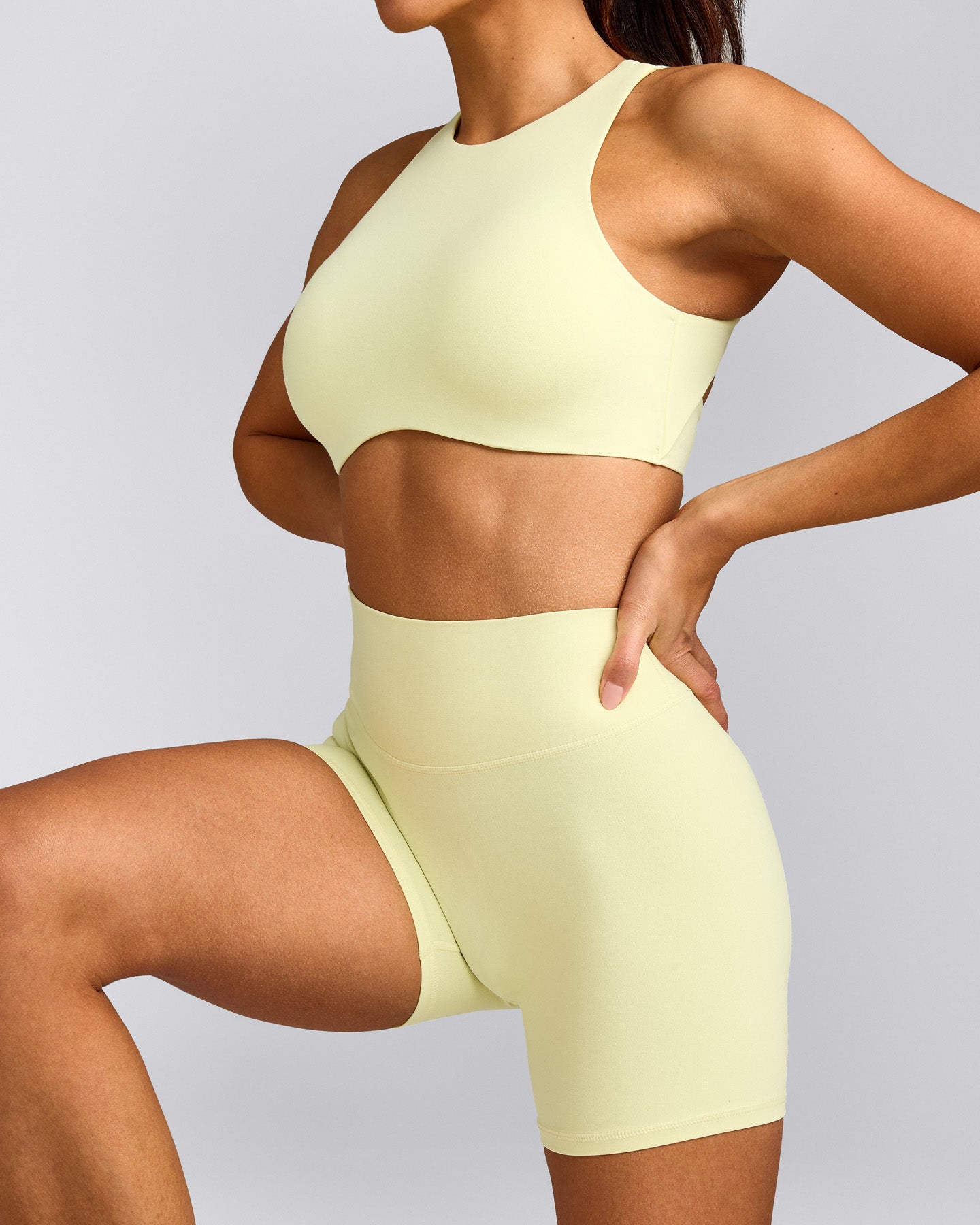 SoftMotion™ High Waisted Shorts 6" with Grey Logo | Pastel Yellow