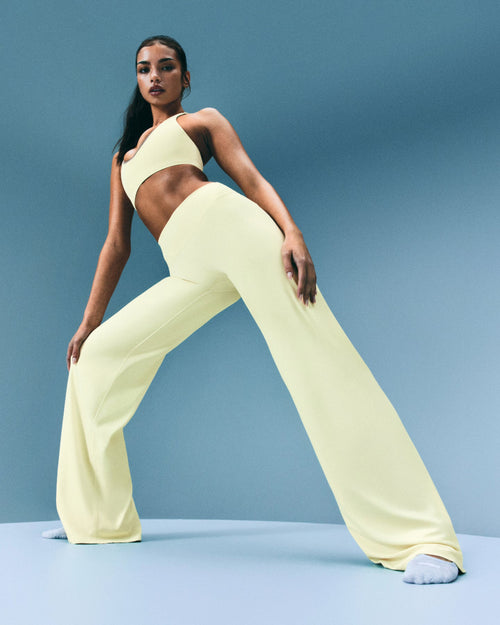 SoftMotion™ Straight Leg Trousers with Gray Logo | Pastel Yellow