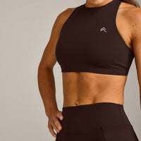 EasyLift™ High Neck Sports Bra with Grey Logo | 70% Cocoa