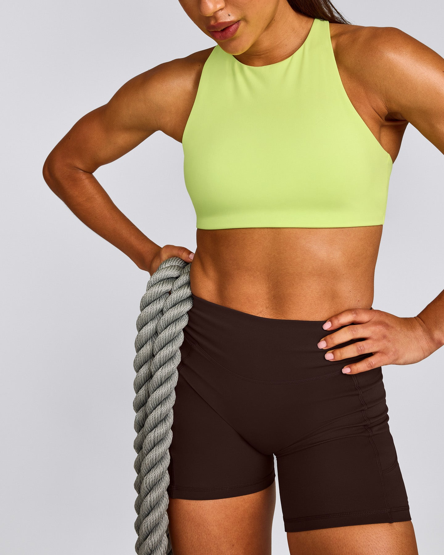 EasyLift™ High Neck Sports Bra with Gray Logo | Citrus Green