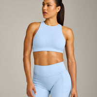 EasyLift™ High Neck Sports Bra with Grey Logo | Powdered Blue