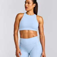 EasyLift™ High Neck Sports Bra with Gray Logo | Powdered Blue
