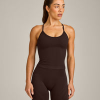 EnhanceLift™ Seamless Strappy Racer Vest with Built in Bra Shelf with Grey Logo | 70% Cocoa