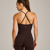 EnhanceLift™ Seamless Strappy Racer Vest with Built in Bra Shelf with Grey Logo | 70% Cocoa