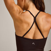 EnhanceLift™ Seamless Strappy Racer Vest with Built in Bra Shelf with Grey Logo | 70% Cocoa