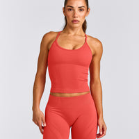 EnhanceLift™ Seamless Strappy Racer Tank Top with Built in Bra Shelf with Gray Logo | Dark Charged Coral