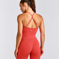 EnhanceLift™ Seamless Strappy Racer Tank Top with Built in Bra Shelf with Gray Logo | Dark Charged Coral