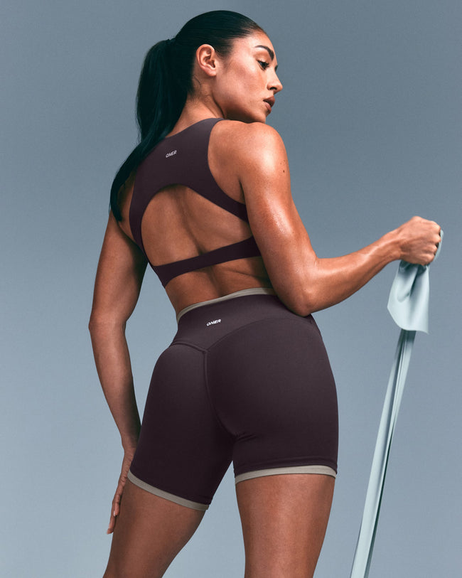 SoftMotion™ High Neck Sports Bra with Gray Logo | Dark Umber Brown