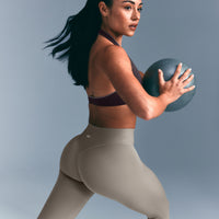 SoftMotion™ High Waisted Leggings with White Logo | Warm Sand