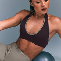 SoftMotion™ Minimal Halter Neck Bralette with Gray Logo | Dark Umber Brown