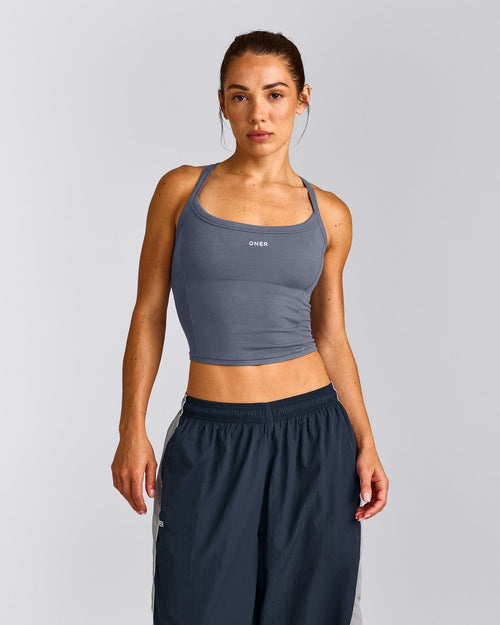 Mellow™ Rib Racer Back Mid Tank Top with Built in Bra Shelf | Granite Blue