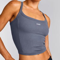 Mellow™ Rib Racer Back Mid Tank Top with Built in Bra Shelf | Granite Blue