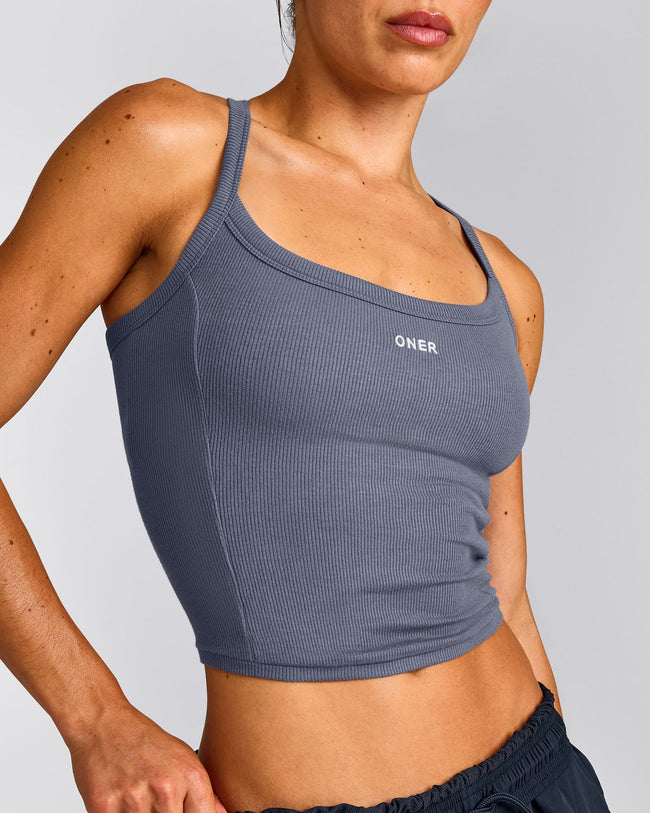 Mellow™ Rib Racer Back Mid Tank Top with Built in Bra Shelf | Granite Blue