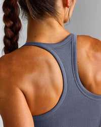 Mellow™ Rib Racer Back Mid Tank Top with Built in Bra Shelf | Granite Blue