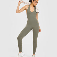SoftMotion™ Halter Neck All In One Long with White Logo | Alpine Green