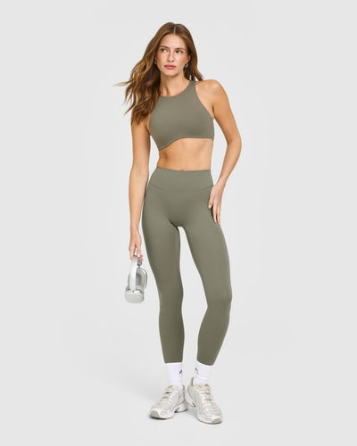 SoftMotion™ High Neck Sports Bra with White Logo | Alpine Green