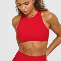 SoftMotion™ High Neck Sports Bra with White Logo | Light Toasted Red