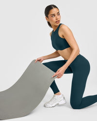 SoftMotion™ High Waisted Leggings with White Logo | Oil Blue