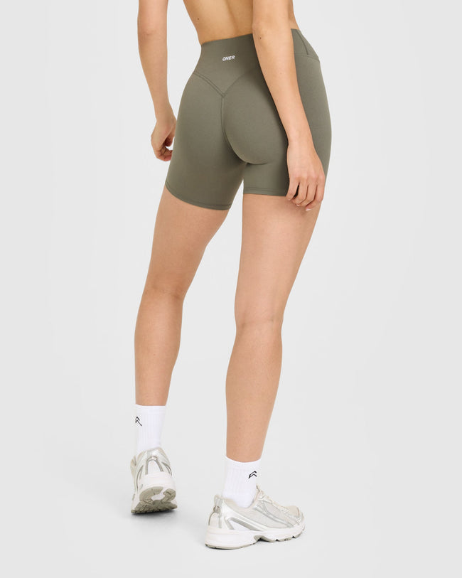 SoftMotion™ High Waisted Shorts 6" with White Logo | Alpine Green